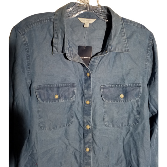 Lucky Brand Blue Button Front Collared Long Sleeve Tencel Top NWT Small - Picture 2 of 8